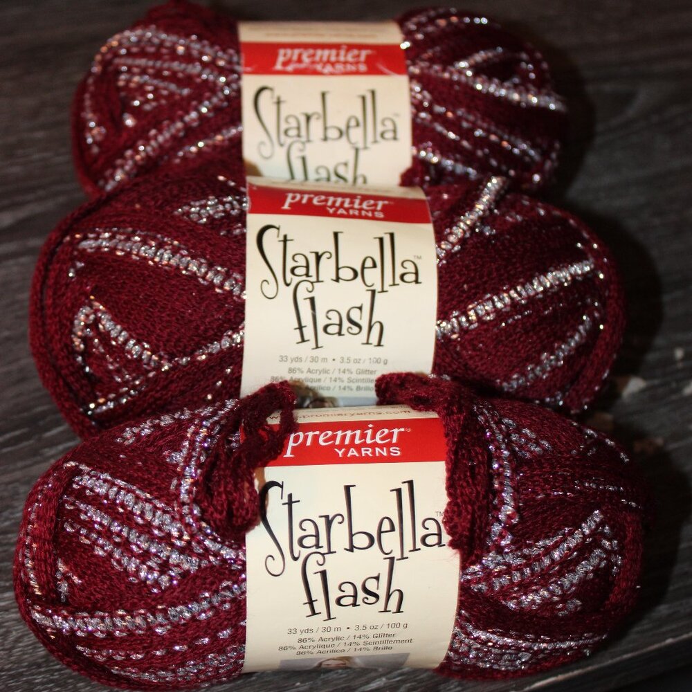 3 Skeins Starbella Flash Premier Yarns Maroon and Silver